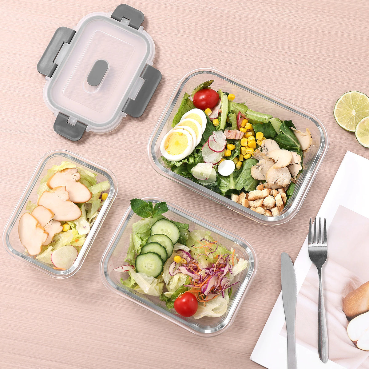 Set of 4 Glass Lunch Boxes with Lids – 1040ml Food Containers