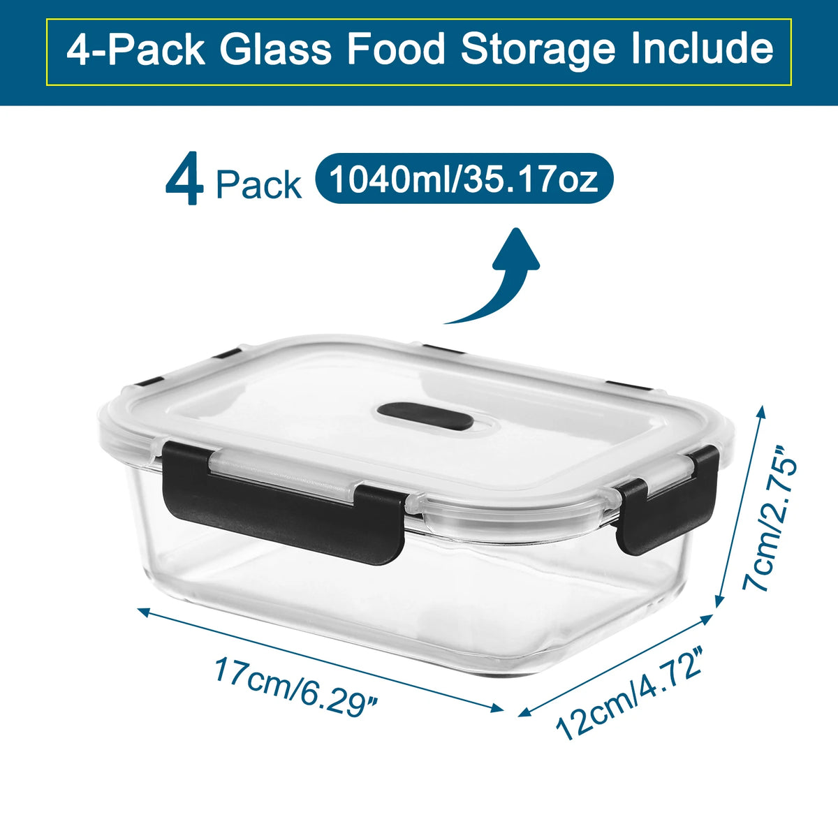 Set of 4 Glass Lunch Boxes with Lids – 1040ml Food Containers