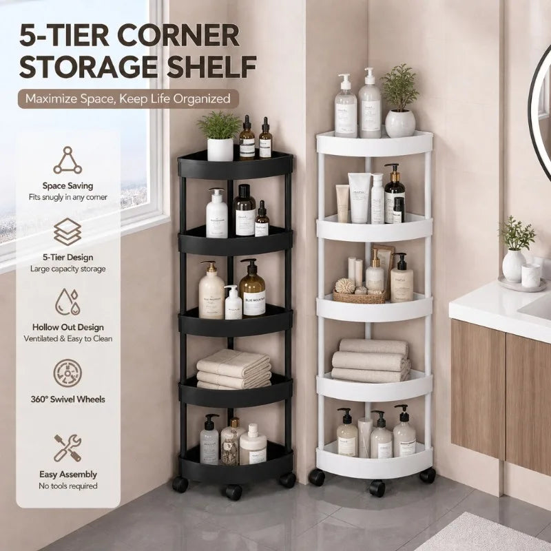 5-Layer Triangular Corner Storage Shelf – Bathroom & Kitchen Organiser