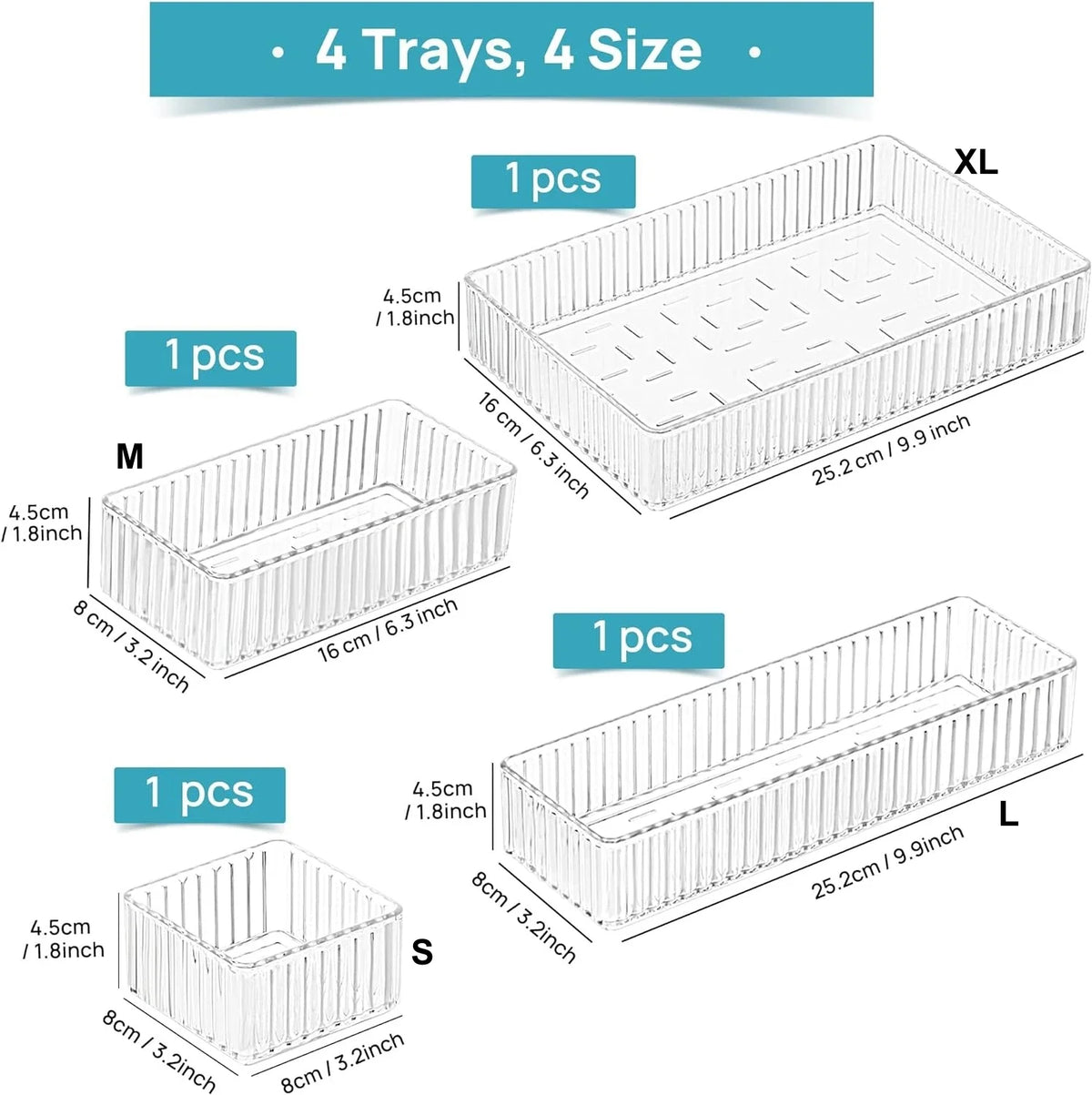 Stackable Acrylic Drawer Organiser Trays – 4 Sizes, Clear Makeup & Vanity Storage