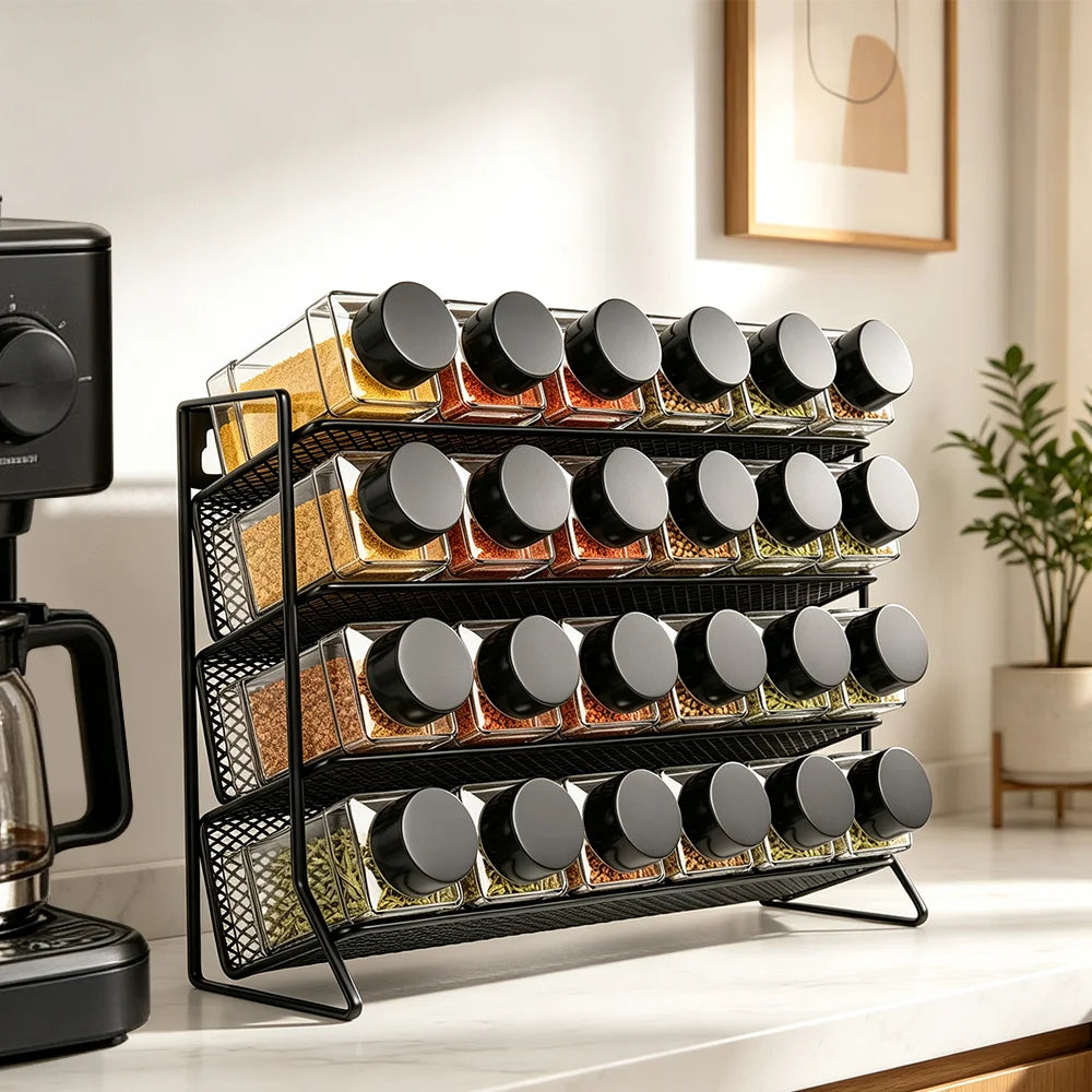 4-Tier Spice Storage Rack with 24 Seasoning Bottles