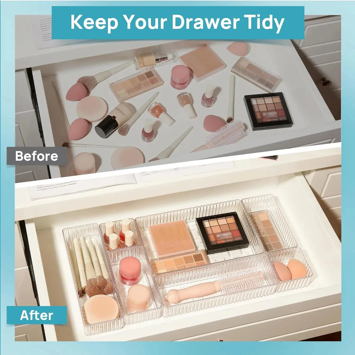 Stackable Acrylic Drawer Organiser Trays – 4 Sizes, Clear Makeup & Vanity Storage