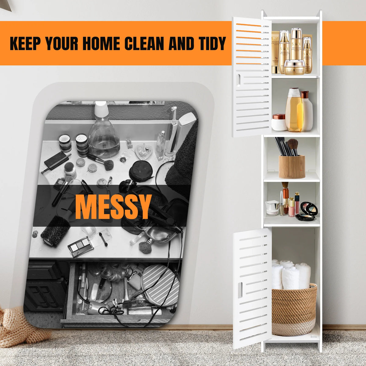 5-Tier Tall Mirrored Bathroom Cabinet with Storage