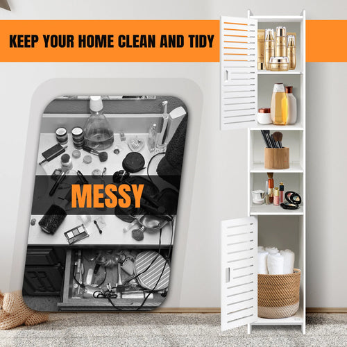5-Tier Tall Mirrored Bathroom Cabinet with Storage