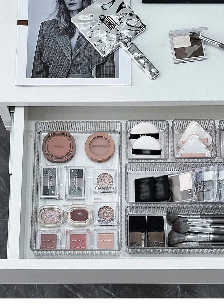 Stackable Acrylic Drawer Organiser Trays – 4 Sizes, Clear Makeup & Vanity Storage